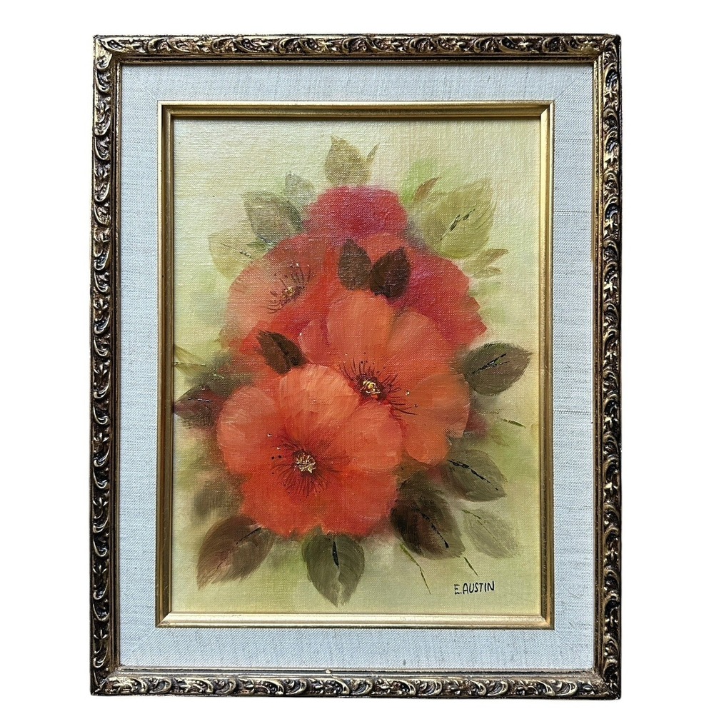 VTG Signed E Austin Original Oil Painting 12x14.7 Inch Red Poppies Flower Framed